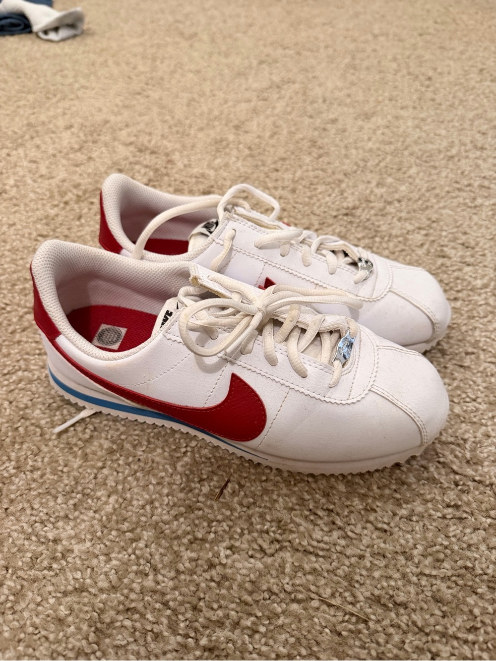Nike White Sneakers with Red Swoosh and Blue Midsole Stripe